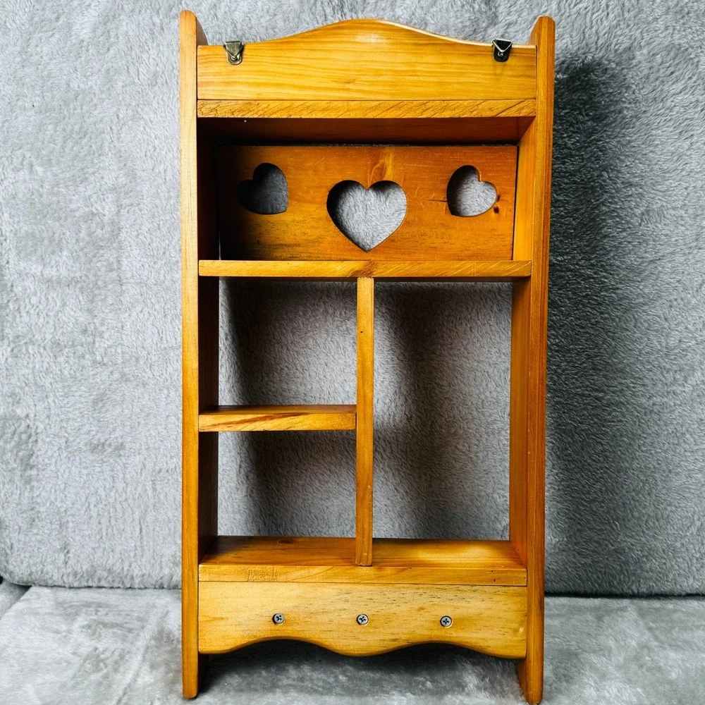 Vintage 80s Wood Wall Shelf Heart Cutout Curio Display 3 Pegs Cottagecore